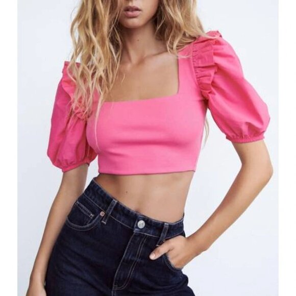 NWOT Zara pink cotton ribbed puff balloon ruffle statement sleeve crop top, M - Picture 2 of 9
